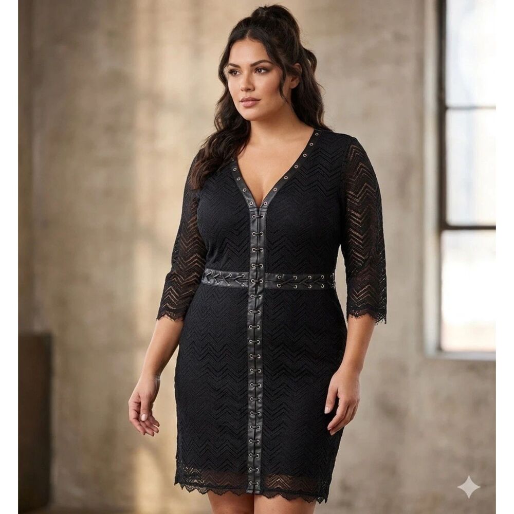 City Chic Lace Dress Womens Size 16 Black Faux Leather Rocker dark romantic New